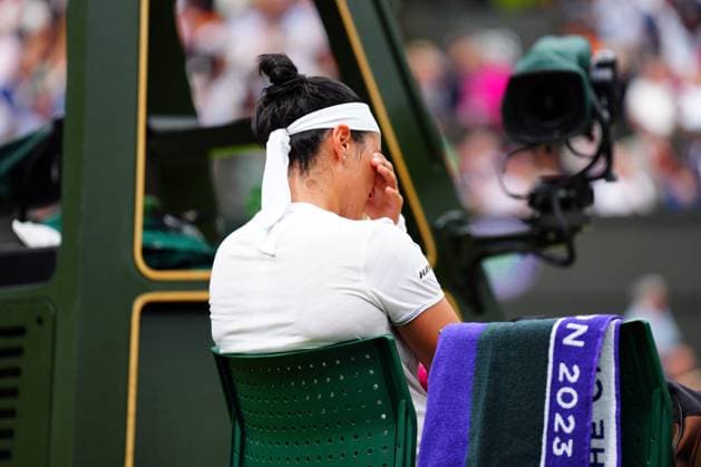 Mandatory Credit: Photo by Javier Garcia Shutterstock (14010521do) Ons Jabeur dejected during the Ladies SIngles final Wimbledon Tennis Championships, Day 13, The All England Lawn Tennis and Croquet Club, London, UK - 15 Jul 2023 Wimbledon Tennis Championships, Day 13, The All England Lawn Tennis and Croquet Club, London, UK - 15 Jul 2023  Copyright: xJavierxGarcia Shutterstockx 14010521do