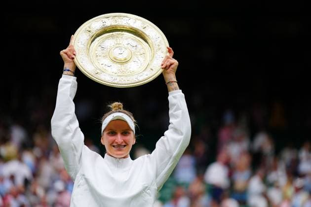 Mandatory Credit: Photo by Javier Garcia Shutterstock (14010521et) Marketa Vondrousova lifts the Venus Rosewater Dish after victory in the Ladies Singles final Wimbledon Tennis Championships, Day 13, The All England Lawn Tennis and Croquet Club, London, UK - 15 Jul 2023 Wimbledon Tennis Championships, Day 13, The All England Lawn Tennis and Croquet Club, London, UK - 15 Jul 2023  Copyright: xJavierxGarcia Shutterstockx 14010521et