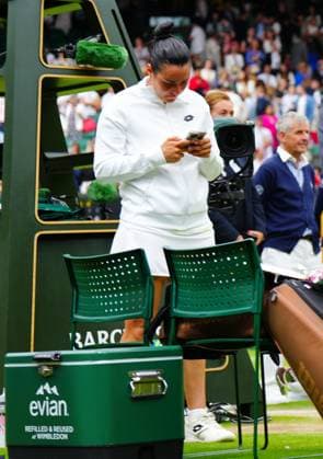 Mandatory Credit: Photo by Javier Garcia Shutterstock (14010521gg) An upset Ons Jabeur on her mobile phone after defeat in the Ladies SIngles final Wimbledon Tennis Championships, Day 13, The All England Lawn Tennis and Croquet Club, London, UK - 15 Jul 2023 Wimbledon Tennis Championships, Day 13, The All England Lawn Tennis and Croquet Club, London, UK - 15 Jul 2023  Copyright: xJavierxGarcia Shutterstockx 14010521gg