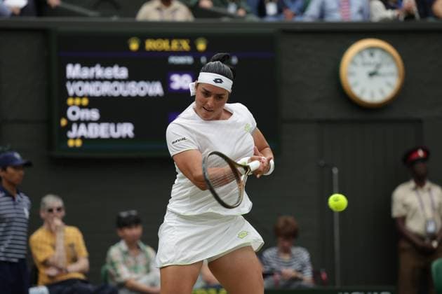 15th July 2023; All England Lawn Tennis and Croquet Club, London, England: Wimbledon Tennis Tournament; Womens singles final match, Marketa Vondrousova versus Ons Jabeur on centre court; Ons Jabeur returns  ActionPlus12531629 JohnxPatrickxFletcher