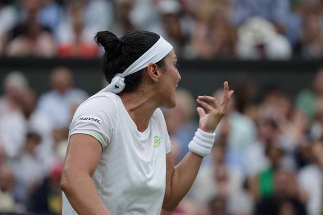 15th July 2023; All England Lawn Tennis and Croquet Club, London, England: Wimbledon Tennis Tournament; Womens singles final match, Marketa Vondrousova versus Ons Jabeur on centre court; Ons Jabeur gestures to her coaches  ActionPlus12531630 JohnxPatrickxFletcher