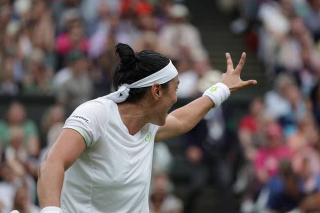 15th July 2023; All England Lawn Tennis and Croquet Club, London, England: Wimbledon Tennis Tournament; Womens singles final match, Marketa Vondrousova versus Ons Jabeur on centre court; Ons Jabeur gestures to her coaches  ActionPlus12531631 JohnxPatrickxFletcher