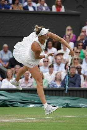 15th July 2023; All England Lawn Tennis and Croquet Club, London, England: Wimbledon Tennis Tournament; Womens singles final match, Marketa Vondrousova versus Ons Jabeur on centre court; Marketa Vondrousova serves  ActionPlus12531633 JohnxPatrickxFletcher