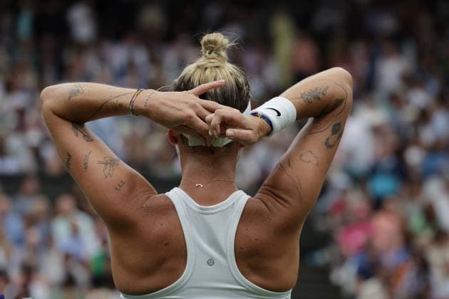 15th July 2023; All England Lawn Tennis and Croquet Club, London, England: Wimbledon Tennis Tournament; Womens singles final match, Marketa Vondrousova versus Ons Jabeur on centre court; Marketa Vondrousova adjusts her hair grips  ActionPlus12531636 JohnxPatrickxFletcher