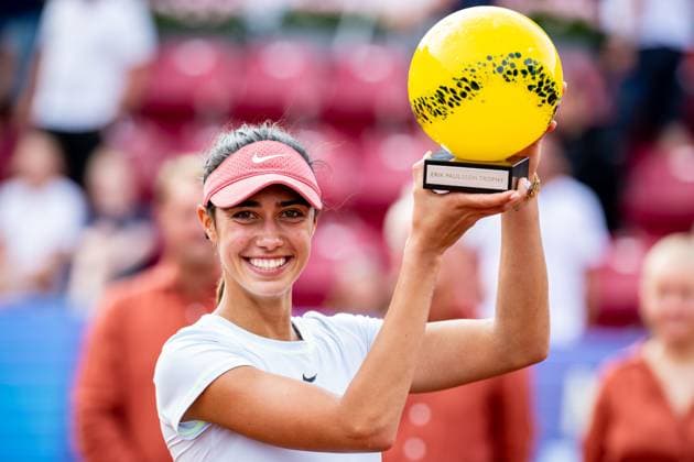 230715 Olga Danilovic, Serbia, celebrates with the trophy during the award ceremony for the womens final on day 6 of the WTA Nordea Open on July 15, 2023 in Bastad, Sweden  Copyright: NICLASxJÖNSSON BB230715NO076