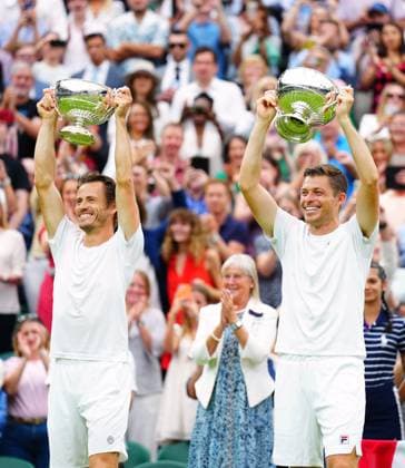 Mandatory Credit: Photo by Javier Garcia Shutterstock (14010521hs) Wesley Koolhof and Neal Skupski celebrate victory in the Gentlemen s Dobles final Wimbledon Tennis Championships, Day 13, The All England Lawn Tennis and Croquet Club, London, UK - 15 Jul 2023 Wimbledon Tennis Championships, Day 13, The All England Lawn Tennis and Croquet Club, London, UK - 15 Jul 2023  Copyright: xJavierxGarcia Shutterstockx 14010521hs
