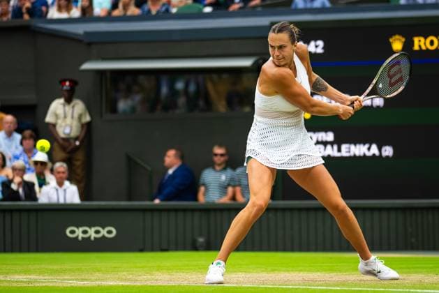 July 13, 2023, LONDON, UNITED KINGDOM: Aryna Sabalenka of Belarus in action during the semi-final of the 2023 Wimbledon Championships Grand Slam tennis tournament LONDON UNITED KINGDOM - ZUMAa181 20230713_zaa_a181_058 Copyright: xRobxPrangex