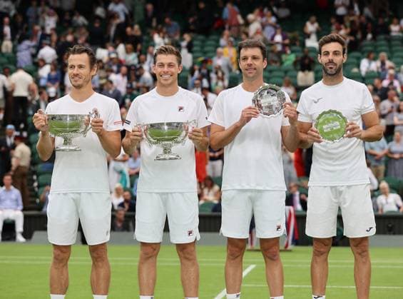 TENNIS - Wimbledon 2023 LONDON,ENGLAND,15.JUL.23 - TENNIS - ATP, Tennis Herren World Tour, Wimbledon, Grand Slam, doubles, final. Image shows Wesley Koolhof (NED) and Neal Skupski (GBR), Horacio Zeballos (ARG) and Marcel Granollers (ESP). keywords: award ceremony, trophy.  GEPAxpictures xAlanxGrieves