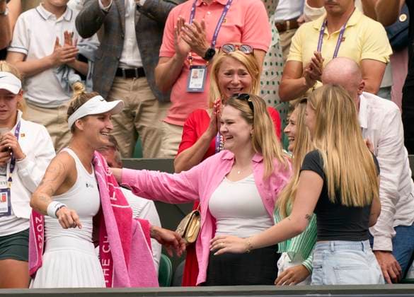 2023 Wimbledon Championships Winner Marketa Vondrousova climbs up into the stands to embrace friends and family after winning the womens™ finals on Day 13 at the 2023 Wimbledon Championships at the All England Club, London, UK, 15 July 2023, Credit:Peter van den Berg Avalon United Kingdom, England, London, All England Lawn Tennis and Croquet Club  Copyright: xPeterxvanxdenxBergx xAvalonx 0789315234
