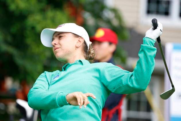 SYLVANIA, OH - JULY 15: LPGA, Golf Damen golfer Stephanie Kyriacou plays her tee shot on the 14th hole during the third round of the Dana Open on July 15, 2023, at Highland Meadows Golf Club in Sylvania, Ohio. (Photo by Brian Spurlock Icon Sportswire) GOLF: JUL 15 LPGA Dana Open EDITORIAL USE ONLY Icon230715099