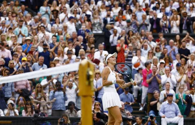 Tennis: Wimbledon championships Marketa Vondrousova of the Czech Republic smiles after beating Ons Jabeur of Tunisia in the women s singles final at the Wimbledon tennis tournament in London on July 15, 2023.  A14AA0001684833P  