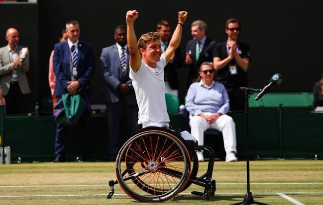 Mandatory Credit: Photo by Ella Ling Shutterstock (14011309i) Niels Vink wins in the Quad Wheelchair singles final and celebrates Wimbledon Tennis Championships, Day 14, The All England Lawn Tennis and Croquet Club, London, UK - 16 Jul 2023 Wimbledon Tennis Championships, Day 14, The All England Lawn Tennis and Croquet Club, London, UK - 16 Jul 2023  Copyright: xEllaxLing Shutterstockx 14011309i