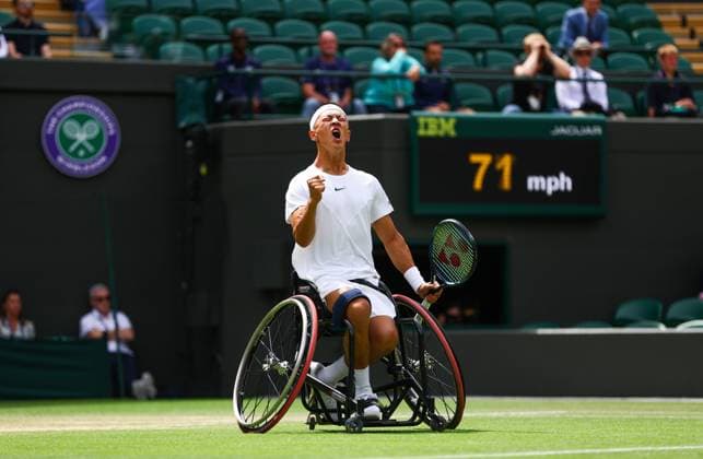 Mandatory Credit: Photo by Kieran McManus Shutterstock (14011306h) Tokito Oda wins the Mens Wheelchair Singles final and celebrates Wimbledon Tennis Championships, Day 14, The All England Lawn Tennis and Croquet Club, London, UK - 16 Jul 2023 Wimbledon Tennis Championships, Day 14, The All England Lawn Tennis and Croquet Club, London, UK - 16 Jul 2023  Copyright: xKieranxMcManus Shutterstockx 14011306h