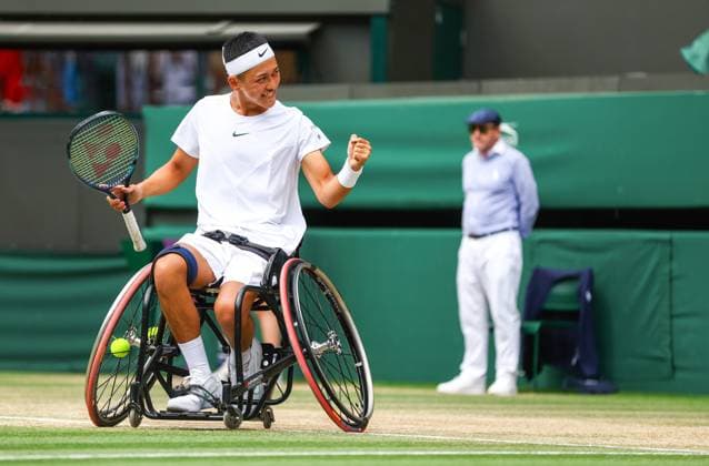 Mandatory Credit: Photo by Kieran McManus Shutterstock (14011306i) Tokito Oda wins the Mens Wheelchair Singles final and celebrates Wimbledon Tennis Championships, Day 14, The All England Lawn Tennis and Croquet Club, London, UK - 16 Jul 2023 Wimbledon Tennis Championships, Day 14, The All England Lawn Tennis and Croquet Club, London, UK - 16 Jul 2023  Copyright: xKieranxMcManus Shutterstockx 14011306i