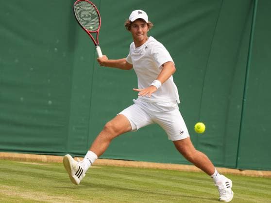 Tennis - 2023 Wimbledon Championships - Week Two - Day Fourteen - All England lawn Tennis & Racquet Club, Wimbledon - Sunday 16th Boys singles U™14 final - Mark Cuban (GBR) v Svit Suljic (SLO) Mark Cuban (GBR) 