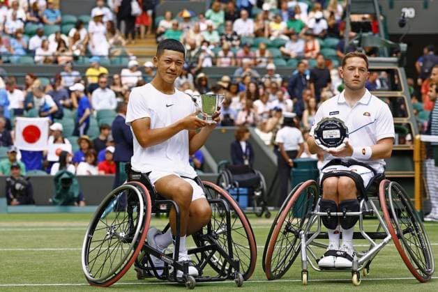 Tennis: Wimbledon championships Tokito Oda (L) of Japan and Alfie Hewett of Britain pose for a photo after the men s wheelchair singles final at the Wimbledon tennis tournament in London on July 16, 2023. Oda won the event.  A14AA0001686096P  