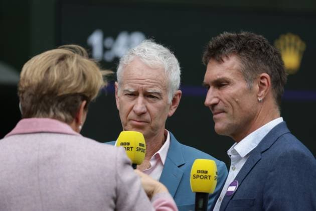16th July 2023; All England Lawn Tennis and Croquet Club, London, England: Wimbledon Tennis Tournament; Mens singles final on centre court: John McEnroe and Pat Cash chat with Claire Balding in the lead up to the game  ActionPlus12531921 JohnxPatrickxFletcher