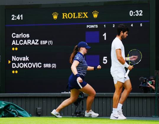 Mandatory Credit: Photo by Javier Garcia Shutterstock (14011311bw) Carlos Alcaraz registers his first game during the Men s Singles final Wimbledon Tennis Championships, Day 14, The All England Lawn Tennis and Croquet Club, London, UK - 16 Jul 2023 Wimbledon Tennis Championships, Day 14, The All England Lawn Tennis and Croquet Club, London, UK - 16 Jul 2023  Copyright: xJavierxGarcia Shutterstockx 14011311bw