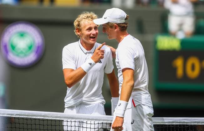 Mandatory Credit: Photo by Kieran McManus Shutterstock (14011306aw) Henry Searle after winning the Mens Junior Singles Title at Wimbledon with finalist Yaroslav Demin Wimbledon Tennis Championships, Day 14, The All England Lawn Tennis and Croquet Club, London, UK - 16 Jul 2023 Wimbledon Tennis Championships, Day 14, The All England Lawn Tennis and Croquet Club, London, UK - 16 Jul 2023  Copyright: xKieranxMcManus Shutterstockx 14011306aw