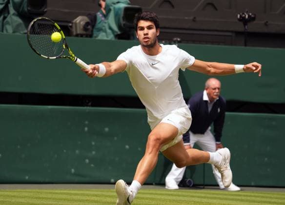 Tennis - 2023 Wimbledon Championships - Week Two - Day Fourteen - All England lawn Tennis & Racquet Club, Wimbledon - Sunday 16th Mens singles final - Carlos Alcaraz (ESP) v Novak Djokovic (SRB) Carlos Alcaraz 