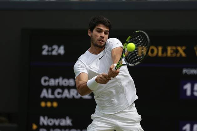 16th July 2023; All England Lawn Tennis and Croquet Club, London, England: Wimbledon Tennis Tournament; Mens singles final on centre court: Carlos Alcaraz under pressure from Novak Djokovic as Djokovic takes an early lead in set 1  ActionPlus12531949 JohnxPatrickxFletcher