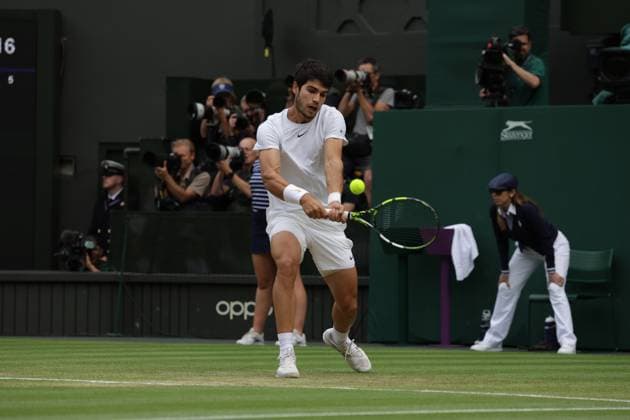 16th July 2023; All England Lawn Tennis and Croquet Club, London, England: Wimbledon Tennis Tournament; Mens singles final on centre court: Carlos Alcaraz under pressure from Novak Djokovic as Djokovic takes an early lead in set 1  ActionPlus12531954 JohnxPatrickxFletcher