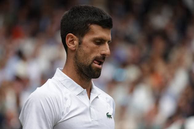 16th July 2023; All England Lawn Tennis and Croquet Club, London, England: Wimbledon Tennis Tournament; Mens singles final on centre court: Novak Djokovic serves looks content in his game versus Carlos Alcaraz in 1st set as he breaks serve twice  ActionPlus12531959 JohnxPatrickxFletcher
