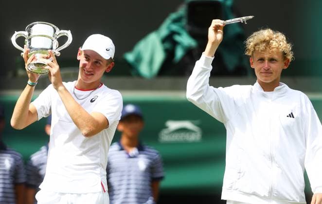 Mandatory Credit: Photo by Kieran McManus Shutterstock (14011306bd) Henry Searle celebrates after winning the Mens Junior Singles Title at Wimbledon with finalist Yaroslav Demin Wimbledon Tennis Championships, Day 14, The All England Lawn Tennis and Croquet Club, London, UK - 16 Jul 2023 Wimbledon Tennis Championships, Day 14, The All England Lawn Tennis and Croquet Club, London, UK - 16 Jul 2023  Copyright: xKieranxMcManus Shutterstockx 14011306bd