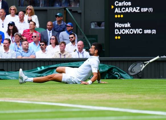 Mandatory Credit: Photo by Javier Garcia Shutterstock (14011311ej) Novak Djokovic falls during the Men s Singles final Wimbledon Tennis Championships, Day 14, The All England Lawn Tennis and Croquet Club, London, UK - 16 Jul 2023 Wimbledon Tennis Championships, Day 14, The All England Lawn Tennis and Croquet Club, London, UK - 16 Jul 2023  Copyright: xJavierxGarcia Shutterstockx 14011311ej