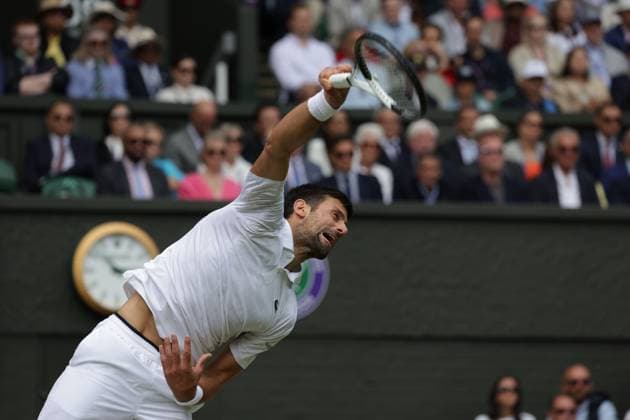 16th July 2023; All England Lawn Tennis and Croquet Club, London, England: Wimbledon Tennis Tournament; Mens singles final on centre court Novak Djokovic versus Carlos Alcaraz; Djokovic serves to Alcaraz  ActionPlus12531989 JohnxPatrickxFletcher