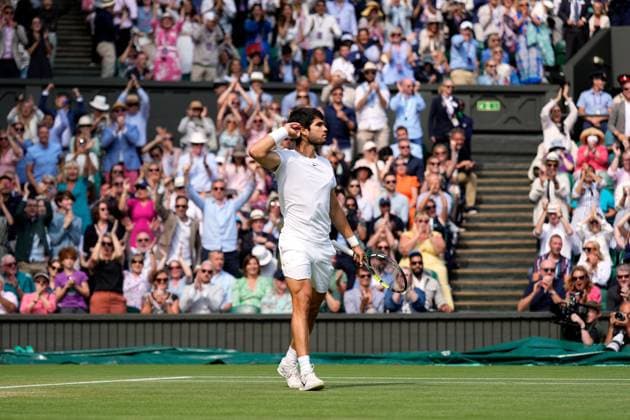 Mandatory Credit: Photo by Dave Shopland Shutterstock (14011307en) Carlos Alcaraz celebrates during the Men s Singles final Wimbledon Tennis Championships, Day 14, The All England Lawn Tennis and Croquet Club, London, UK - 16 Jul 2023 Wimbledon Tennis Championships, Day 14, The All England Lawn Tennis and Croquet Club, London, UK - 16 Jul 2023  Copyright: xDavexShopland Shutterstockx 14011307en