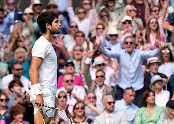 Mandatory Credit: Photo by Dave Shopland Shutterstock (14011307er) Carlos Alcaraz celebrates during the Men s Singles final Wimbledon Tennis Championships, Day 14, The All England Lawn Tennis and Croquet Club, London, UK - 16 Jul 2023 Wimbledon Tennis Championships, Day 14, The All England Lawn Tennis and Croquet Club, London, UK - 16 Jul 2023  Copyright: xDavexShopland Shutterstockx 14011307er