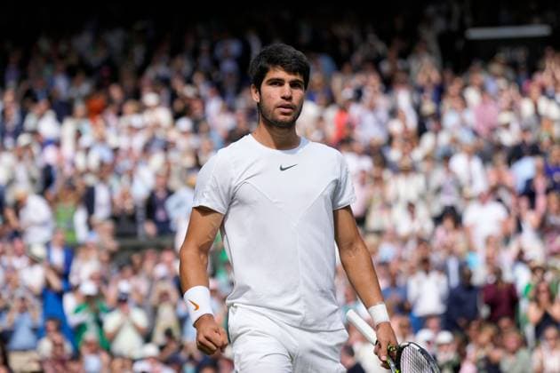Mandatory Credit: Photo by Dave Shopland Shutterstock (14011307ev) Carlos Alcaraz celebrates during the Men s Singles final Wimbledon Tennis Championships, Day 14, The All England Lawn Tennis and Croquet Club, London, UK - 16 Jul 2023 Wimbledon Tennis Championships, Day 14, The All England Lawn Tennis and Croquet Club, London, UK - 16 Jul 2023  Copyright: xDavexShopland Shutterstockx 14011307ev