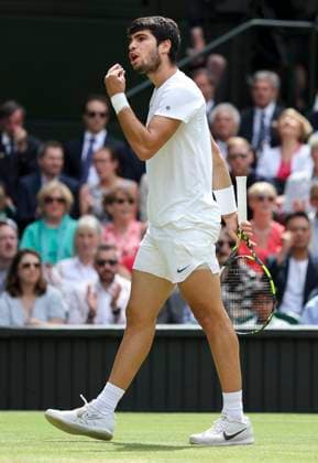 (230716) -- LONDON, July 16, 2023 -- Carlos Alcaraz reacts during the men s singles final match between Novak Djokovic of Serbia and Carlos Alcaraz of spain at Wimbledon Tennis Championships in London, Britain, July 16, 2023. ) (SP)BRITAIN-LONDON-TENNIS-WIMBLEDON-DAY 14 HanxYan 
