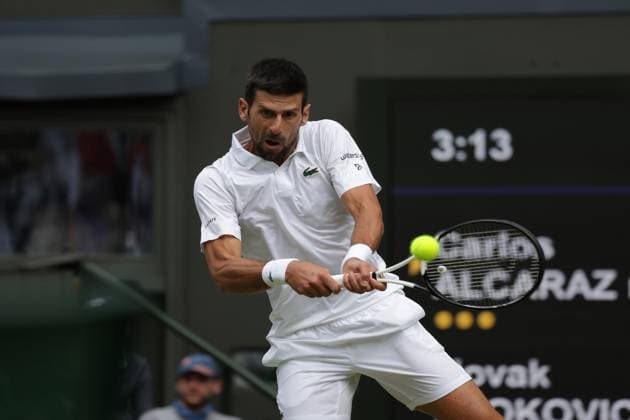 16th July 2023; All England Lawn Tennis and Croquet Club, London, England: Wimbledon Tennis Tournament; Mens singles final on centre court Novak Djokovic versus Carlos Alcaraz; Djokovic returns  ActionPlus12532010 JohnxPatrickxFletcher