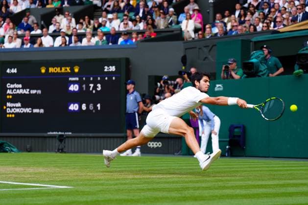Mandatory Credit: Photo by Javier Garcia Shutterstock (14011311gl) Carlos Alcaraz during the Men s Singles final Wimbledon Tennis Championships, Day 14, The All England Lawn Tennis and Croquet Club, London, UK - 16 Jul 2023 Wimbledon Tennis Championships, Day 14, The All England Lawn Tennis and Croquet Club, London, UK - 16 Jul 2023  Copyright: xJavierxGarcia Shutterstockx 14011311gl