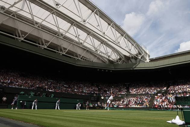 16th July 2023; All England Lawn Tennis and Croquet Club, London, England: Wimbledon Tennis Tournament; Mens singles final on centre court Novak Djokovic versus Carlos Alcaraz; Djokovic serves  ActionPlus12532030 JohnxPatrickxFletcher