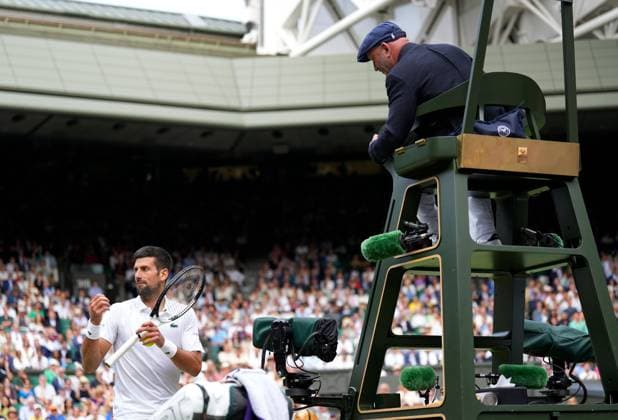 Mandatory Credit: Photo by Dave Shopland Shutterstock (14011307gl) Novak Djokovic arguing with umpire Fergus Murphy during the Men s Singles final Wimbledon Tennis Championships, Day 14, The All England Lawn Tennis and Croquet Club, London, UK - 16 Jul 2023 Wimbledon Tennis Championships, Day 14, The All England Lawn Tennis and Croquet Club, London, UK - 16 Jul 2023  Copyright: xDavexShopland Shutterstockx 14011307gl