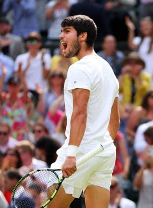 Mandatory Credit: Photo by Ella Ling Shutterstock (14011309ec) Carlos Alcaraz celebrates during the Men s Singles final Wimbledon Tennis Championships, Day 14, The All England Lawn Tennis and Croquet Club, London, UK - 16 Jul 2023 Wimbledon Tennis Championships, Day 14, The All England Lawn Tennis and Croquet Club, London, UK - 16 Jul 2023  Copyright: xEllaxLing Shutterstockx 14011309ec