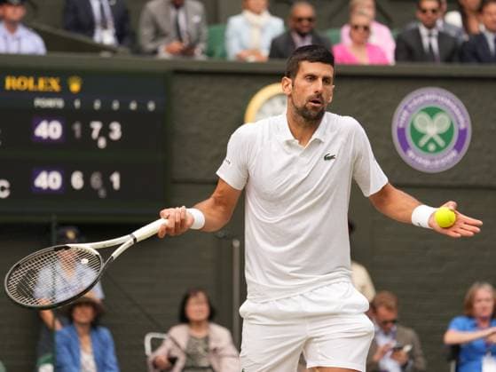 Tennis - 2023 Wimbledon Championships - Week Two - Day Fourteen - All England lawn Tennis & Racquet Club, Wimbledon - Sunday 16th Mens singles final - Carlos Alcaraz (ESP) v Novak Djokovic (SRB) Novak Djokovic complains to the Umpire 