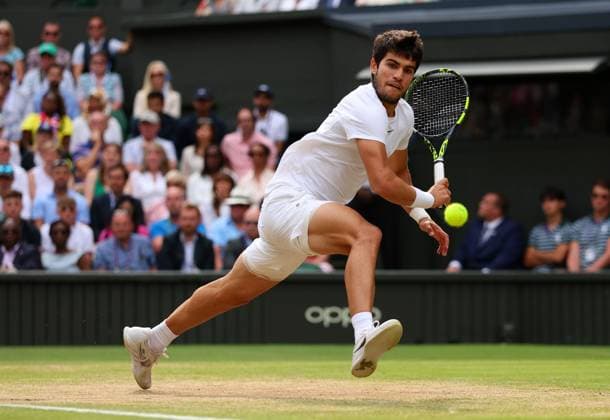 Mandatory Credit: Photo by Ella Ling Shutterstock (14011309en) Carlos Alcaraz during the Men s Singles final Wimbledon Tennis Championships, Day 14, The All England Lawn Tennis and Croquet Club, London, UK - 16 Jul 2023 Wimbledon Tennis Championships, Day 14, The All England Lawn Tennis and Croquet Club, London, UK - 16 Jul 2023  Copyright: xEllaxLing Shutterstockx 14011309en