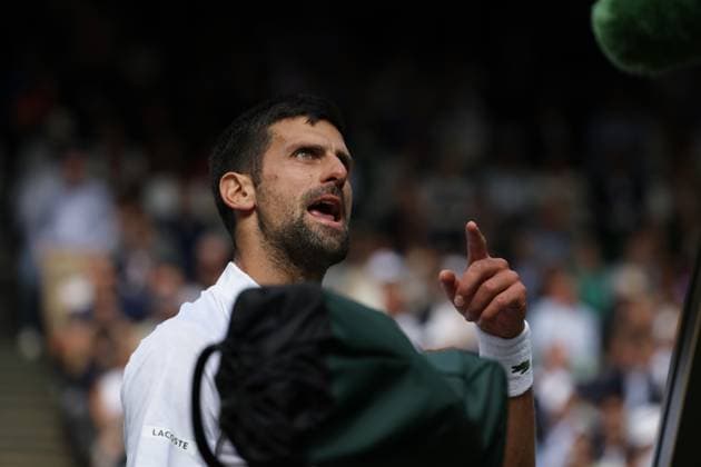 16th July 2023; All England Lawn Tennis and Croquet Club, London, England: Wimbledon Tennis Tournament; Mens singles final on centre court Novak Djokovic versus Carlos Alcaraz; Djokovic questions the umpire after he faulted him for time on serving  ActionPlus12532040 JohnxPatrickxFletcher