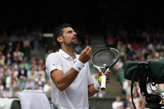 16th July 2023; All England Lawn Tennis and Croquet Club, London, England: Wimbledon Tennis Tournament; Mens singles final on centre court Novak Djokovic versus Carlos Alcaraz; Djokovic questions the umpires call  ActionPlus12532071 JohnxPatrickxFletcher