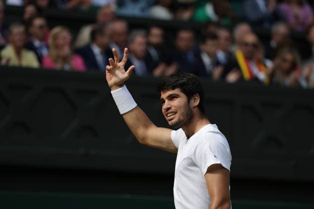 16th July 2023; All England Lawn Tennis and Croquet Club, London, England: Wimbledon Tennis Tournament; Mens singles final on centre court Novak Djokovic versus Carlos Alcaraz; Alcaraz celebrates a game won  ActionPlus12532046 JohnxPatrickxFletcher