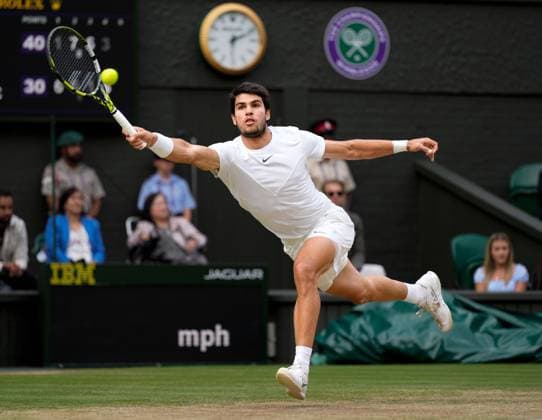 Mandatory Credit: Photo by Dave Shopland Shutterstock (14011307hp) Carlos Alcaraz during the Men s Singles final Wimbledon Tennis Championships, Day 14, The All England Lawn Tennis and Croquet Club, London, UK - 16 Jul 2023 Wimbledon Tennis Championships, Day 14, The All England Lawn Tennis and Croquet Club, London, UK - 16 Jul 2023  Copyright: xDavexShopland Shutterstockx 14011307hp