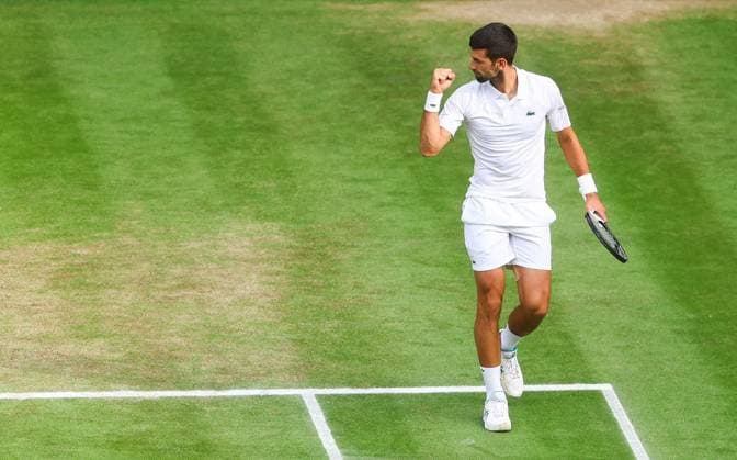 Mandatory Credit: Photo by Kieran McManus Shutterstock (14011306cp) Novak Djokovic celebrates Wimbledon Tennis Championships, Day 14, The All England Lawn Tennis and Croquet Club, London, UK - 16 Jul 2023 Wimbledon Tennis Championships, Day 14, The All England Lawn Tennis and Croquet Club, London, UK - 16 Jul 2023  Copyright: xKieranxMcManus Shutterstockx 14011306cp