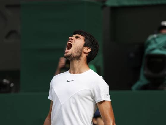 16th July 2023; All England Lawn Tennis and Croquet Club, London, England: Wimbledon Tennis Tournament; Mens singles final on centre court Novak Djokovic versus Carlos Alcaraz; Alcaraz roars in celebration as he breaks service  ActionPlus12532077 JohnxPatrickxFletcher