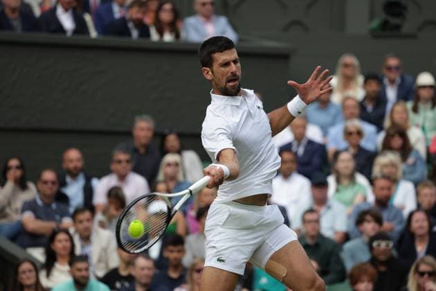 16th July 2023; All England Lawn Tennis and Croquet Club, London, England: Wimbledon Tennis Tournament; Mens singles final on centre court Novak Djokovic versus Carlos Alcaraz; Djokov returns  ActionPlus12532081 JohnxPatrickxFletcher