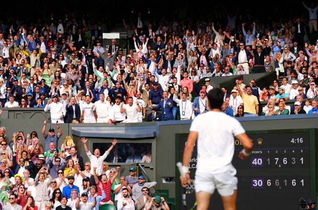 Mandatory Credit: Photo by Javier Garcia Shutterstock (14011311iw) Carlos Alcaraz celebrates with his team during the Men s Singles final Wimbledon Tennis Championships, Day 14, The All England Lawn Tennis and Croquet Club, London, UK - 16 Jul 2023 Wimbledon Tennis Championships, Day 14, The All England Lawn Tennis and Croquet Club, London, UK - 16 Jul 2023  Copyright: xJavierxGarcia Shutterstockx 14011311iw
