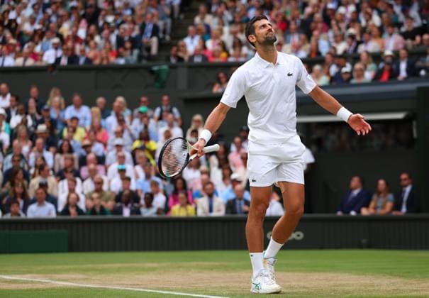 Mandatory Credit: Photo by Ella Ling Shutterstock (14011309gp) Novak Djokovic reacts during the Men s Singles final Wimbledon Tennis Championships, Day 14, The All England Lawn Tennis and Croquet Club, London, UK - 16 Jul 2023 Wimbledon Tennis Championships, Day 14, The All England Lawn Tennis and Croquet Club, London, UK - 16 Jul 2023  Copyright: xEllaxLing Shutterstockx 14011309gp